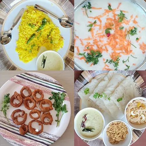 Lemon rice, curd rice, evening snacks and neer dosa from the homestay kitchen