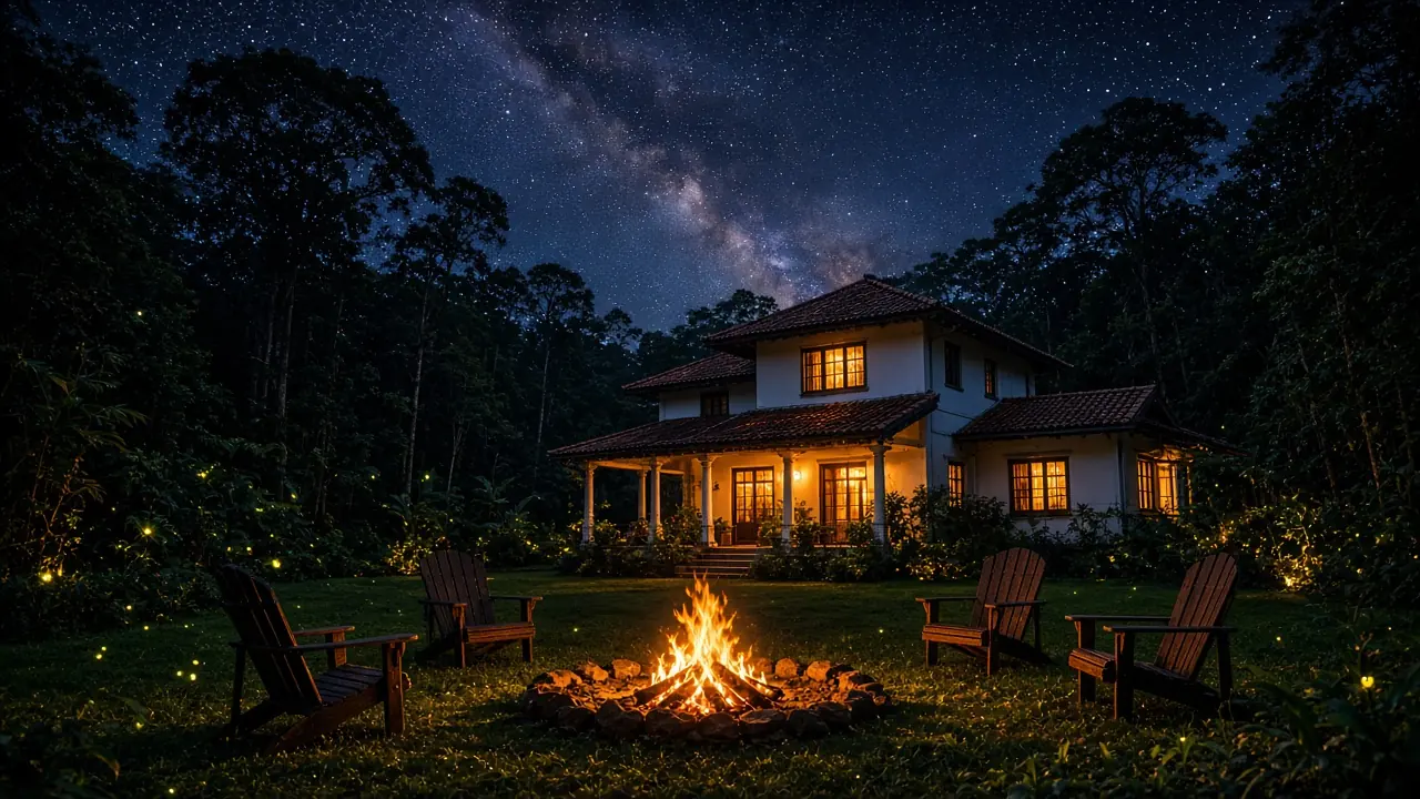 Bonfire under a starry sky outside the homestay