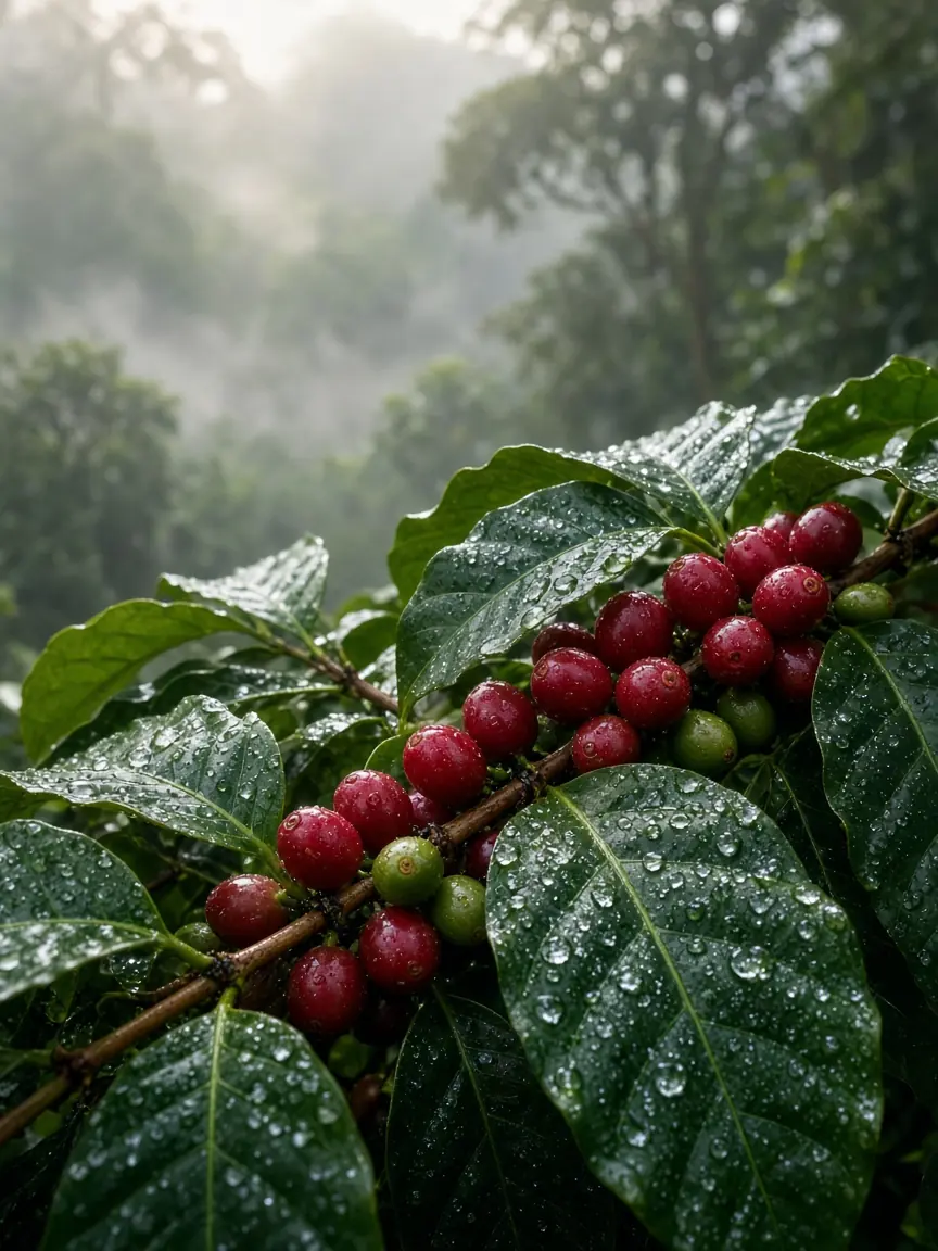 Coffee cherries with dew