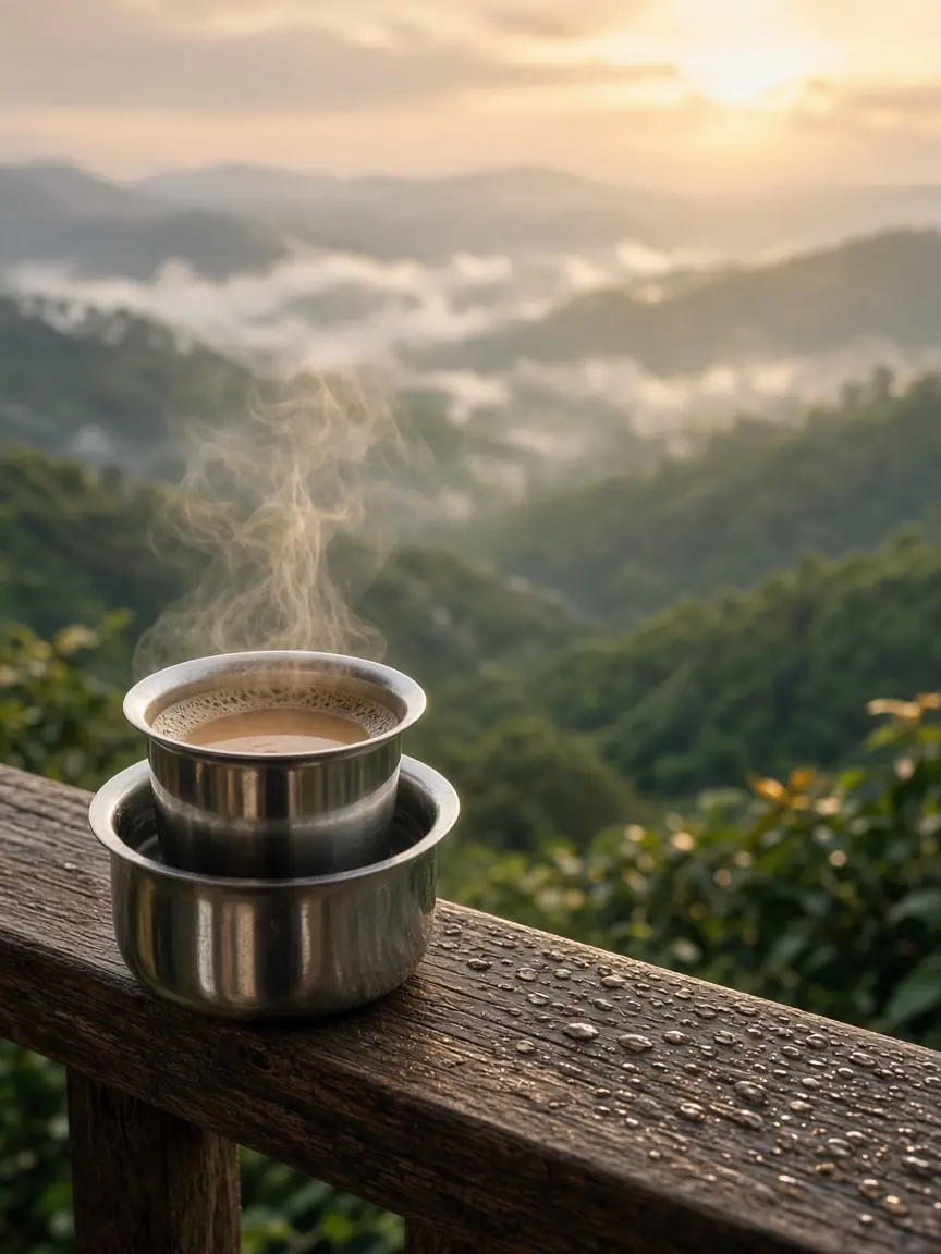 Filter coffee on a balcony overlooking misty hills