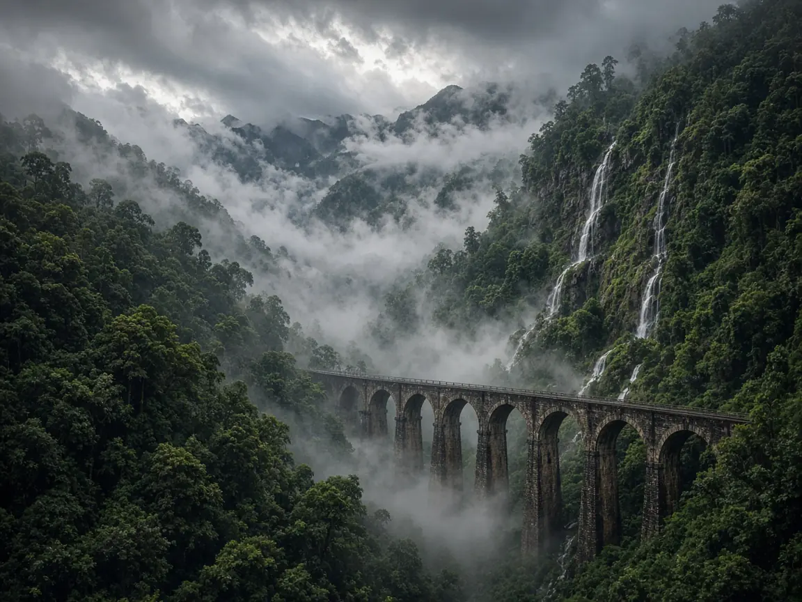 Stone railway bridge across a misty forested valley
