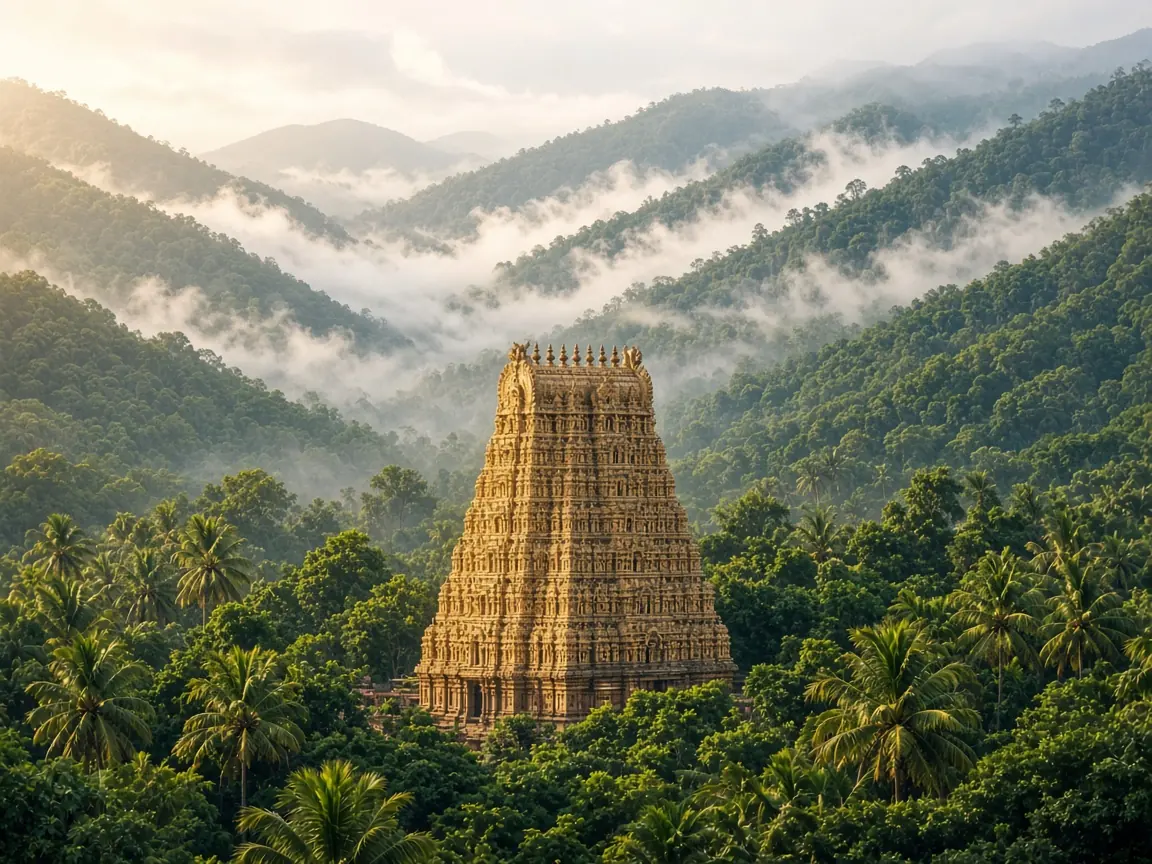 Temple gopuram amid forested hills