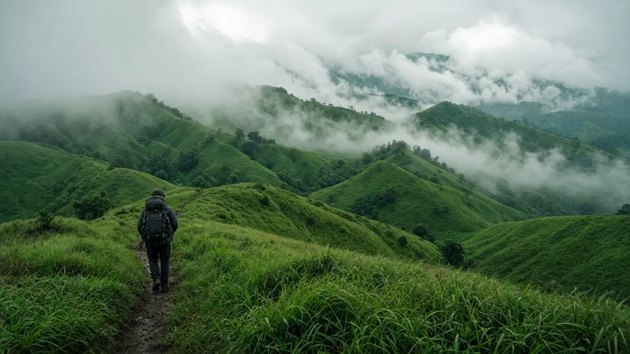 Hiker on misty green grassland hills